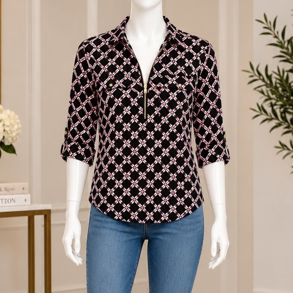 Notations Women Blouse Geometric Lattice Zip Neck Roll Tab Sleeve Petite Small